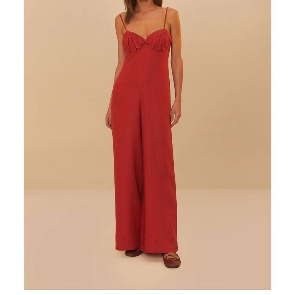 FARM RIO Red Petals Bodice Euroflax™ Premium Linen Jumpsuit Sz XS
